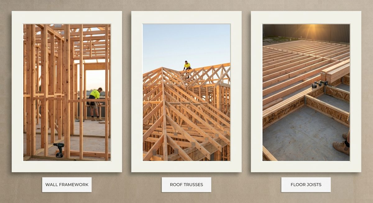 House framing — timber wall, roof trusses and floor joists
